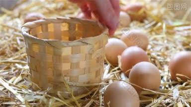 当地农民从鸡舍里收集鸡蛋，并把它们<strong>放在</strong>一个篮子里